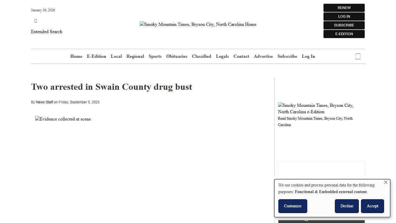 Two arrested in Swain County drug bust Smoky Mountain Times, Bryson City, North Carolina