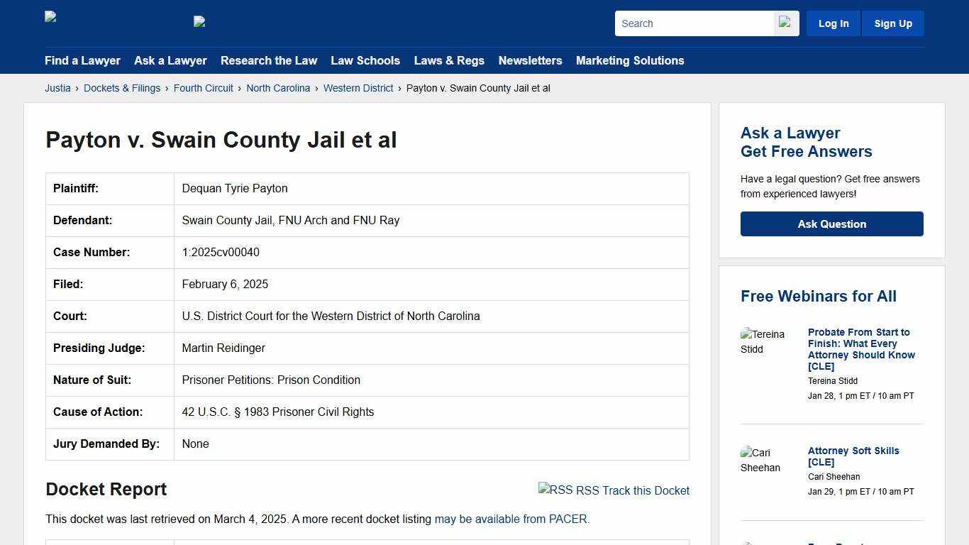 Payton v. Swain County Jail et al 1:2025cv00040 U.S. District Court for the Western District of North Carolina Justia